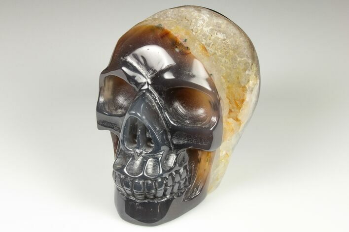 Polished Banded Agate Skull with Quartz Crystal Pocket #190465